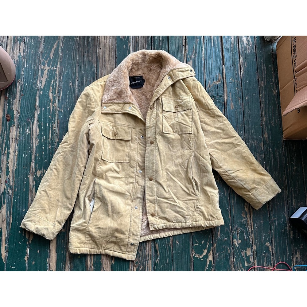 Vintage JCPenney Mens Tan Faux Suede Faux Fur Lined Field Jacket Size M
